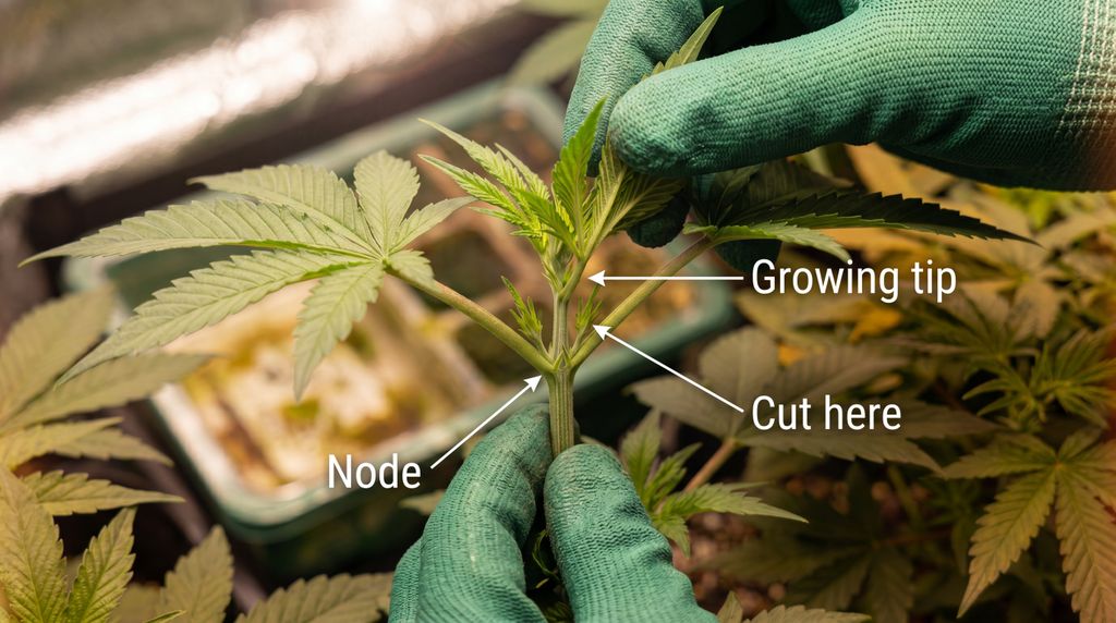 Cut just above a node at a 45-degree angle. The two growth tips below become your two new main colas. : Diagram showing where to top a cannabis plant, with the cut point just above a node on the main stem .