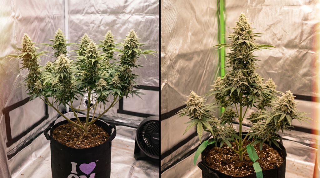 Same age, same light. The untopped plant grows tall with one cola. The topped plant spreads wide with several. Side-by-side comparison of a topped weed plant and an untopped weed plant of the same age .