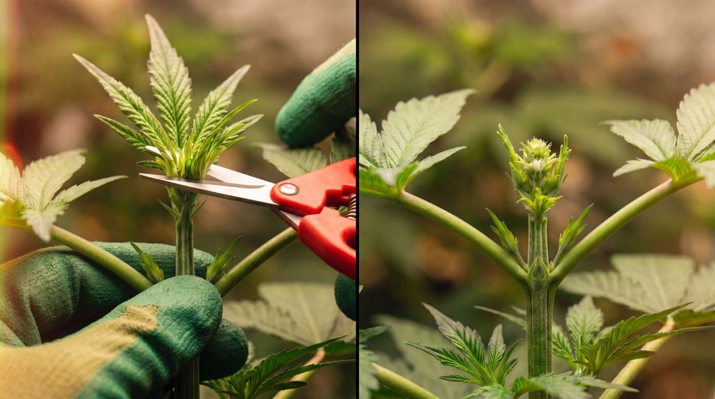 Topping removes the whole tip for 2 colas. Fimming removes about 80% for 3 to 4 shoots. A side-by-side look at topping vs. fimming, showing how much of the plant’s top is cut in each method.