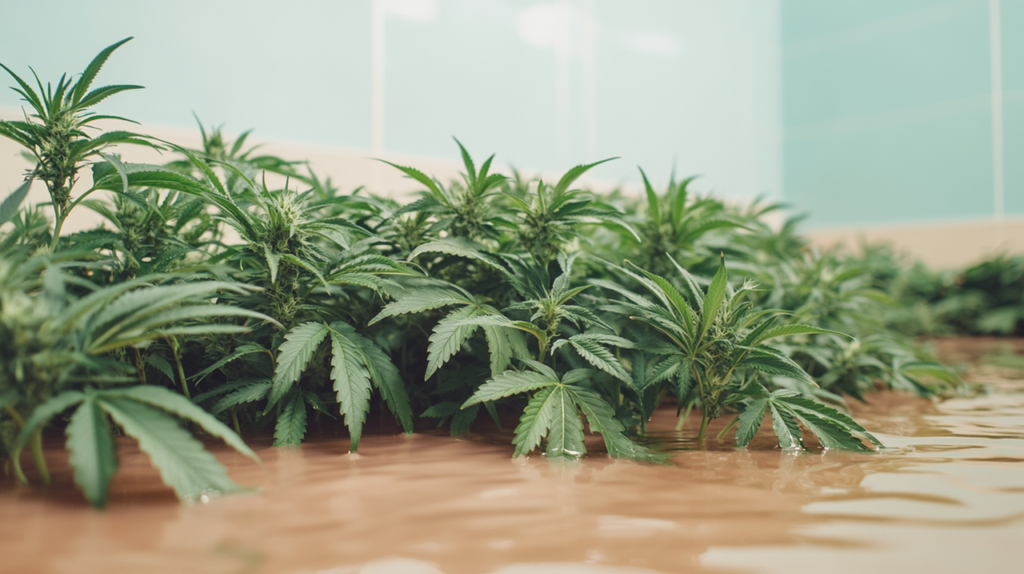 Cannabis plants suffering from overwatering, with waterlogged soil and yellowing leaves. Cannabis plants showing symptoms of drowning, including yellow leaves and soggy soil, due to excessive watering and poor drainage.