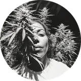 Woman in black and white photo surrounded by tall cannabis plants, partially obscured by leaves, with a serene expression.