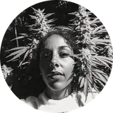 Woman with cannabis plants surrounding her head, creating a natural crown effect. Black and white image.