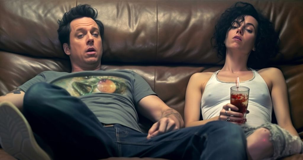 A cozy moment of relaxation, watching movies while enjoying cannabis, the perfect way to unwind. n image of someone lounging comfortably, watching a movie while enjoying cannabis. The setting is cozy, with dim lighting and a relaxed atmosphere, perfect for an evening of entertainment.