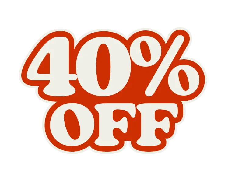 Bold red and white text displaying "40% OFF" on a black background, indicating a discount or sale offer.