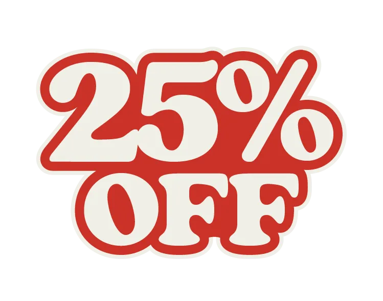 Bold red and white text displaying "25% OFF" against a black background.