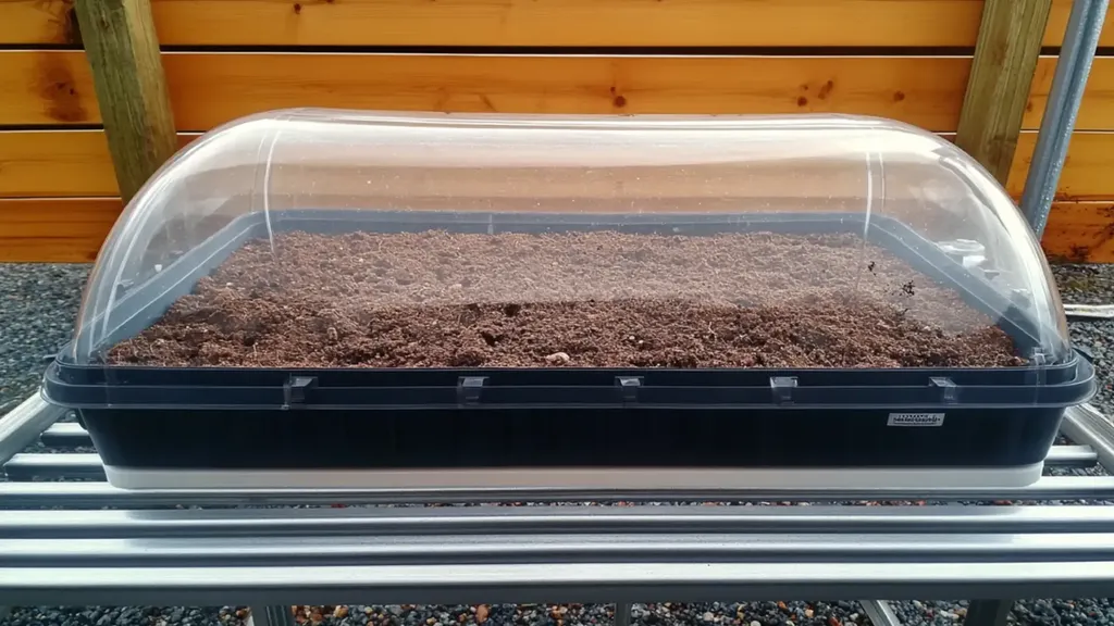 A humidity dome over a tray of cannabis seedlings, providing optimal moisture levels for the germination and early growth stages.