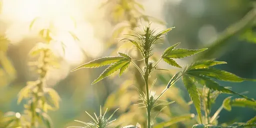 A cannabis plant in the pre-flowering stage, with pistils starting to emerge as the plant prepares for flowering.