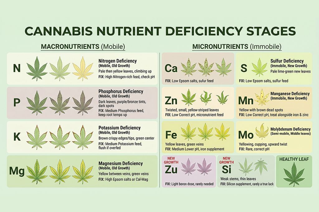 Match your plant's worst leaves against this chart, then confirm with pH before you feed. Cannabis nutrient deficiency chart matching leaf symptoms to nutrients.