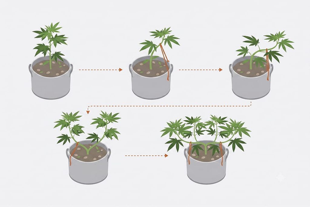 Cannabis plants growing in pots, with their main stems gently tied down to guide the branches outward. Cannabis plants growing in pots, with their main stems gently tied down to guide the branches outward.