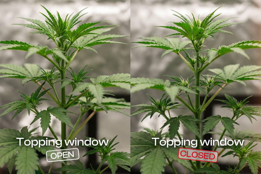 Side-by-side comparison of an autoflower with the topping window open on the left and an autoflower showing white pistils indicating the window has closed on the right.