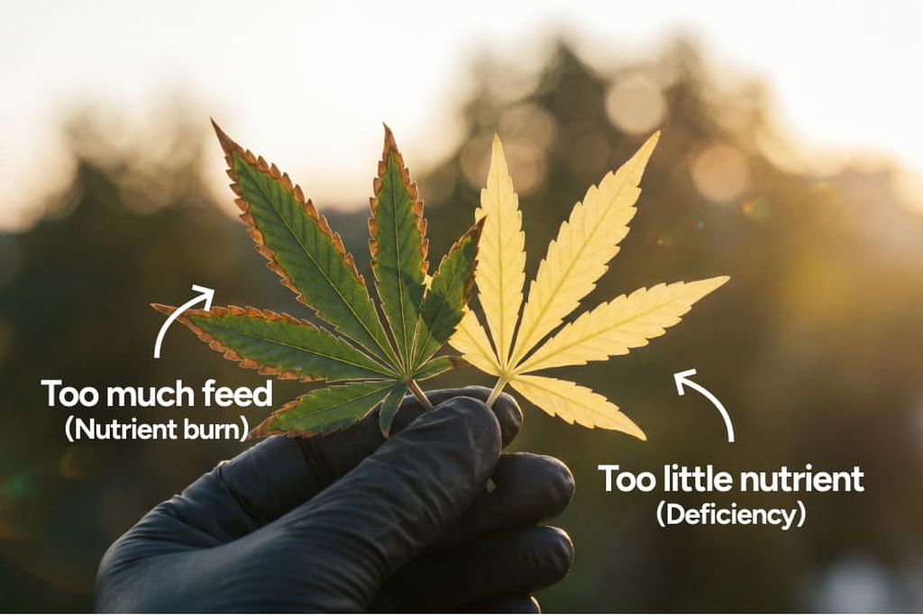 Side-by-side cannabis leaves showing nutrient burn tips versus potassium deficiency edges.
