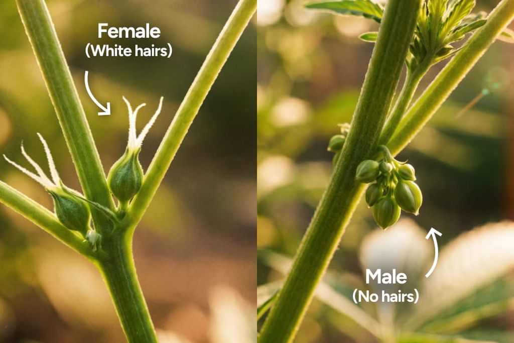 A side-by-side image showing a male weed plant with pollen sacs and a female weed plant with white pistils for easy comparison.