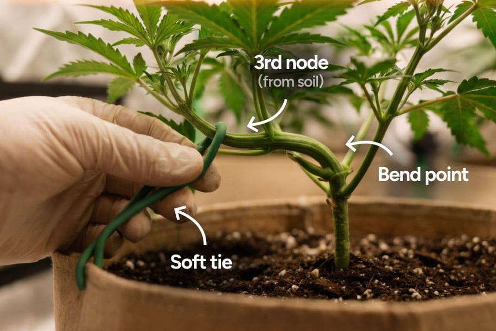 A young cannabis branch is gently tied down. A young cannabis branch is gently tied down to guide the plant to grow wider. For autoflowers, LST should start early, when the plant has a few nodes and the stem is still soft and flexible.