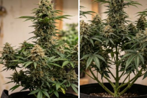Healthy cannabis plants side by side. Healthy cannabis plants side by side. The larger, bushier plant represents feminized seeds, which give growers more control and can produce bigger plants. The smaller, compact plant represents autoflower plants.