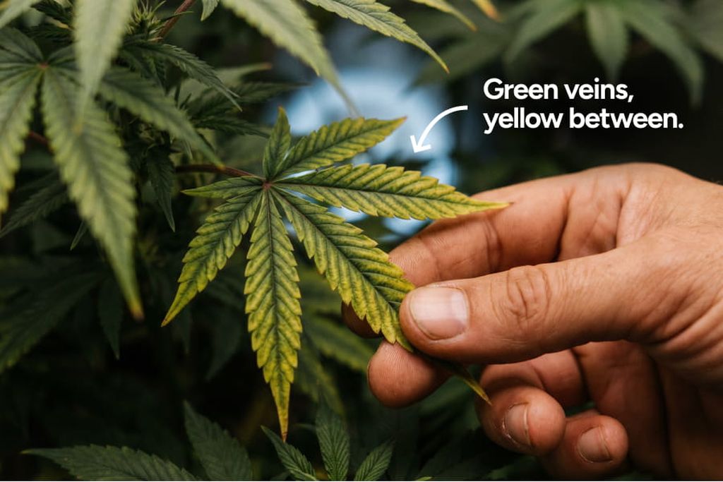 Cannabis fan leaf showing yellowing between the green veins, a common sign the plant may be lacking key nutrients.