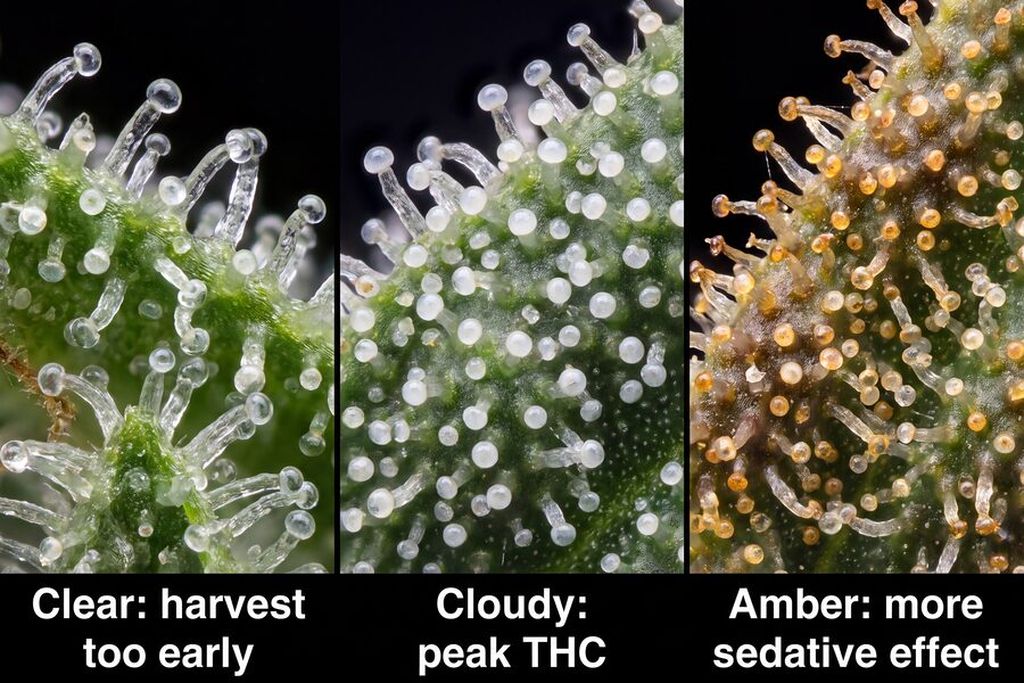 Autoflower trichome comparison showing clear, cloudy and amber stages side by side