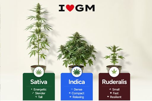 Cannabis ruderalis leaves have 3 main points with 2 smaller side points. Sativa leaves have 9 thin points. Indica leaves have 7 wider points. Side-by-side comparison of cannabis ruderalis leaf, sativa leaf and indica leaf showing differences.