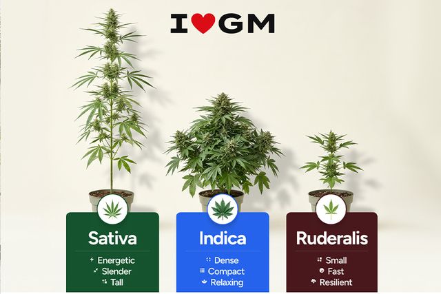 Cannabis ruderalis leaves have 3 main points with 2 smaller side points. Sativa leaves have 9 thin points. Indica leaves have 7 wider points. Side-by-side comparison of cannabis ruderalis leaf, sativa leaf and indica leaf showing differences.