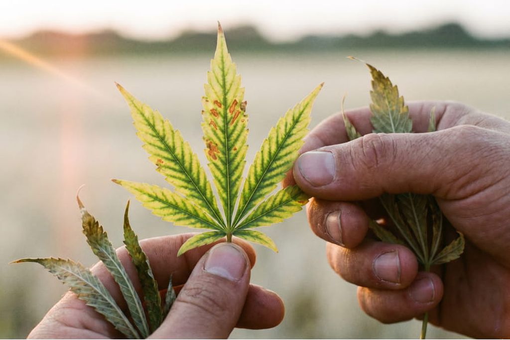 Cannabis leaf with yellow patches between green veins from magnesium deficiency.