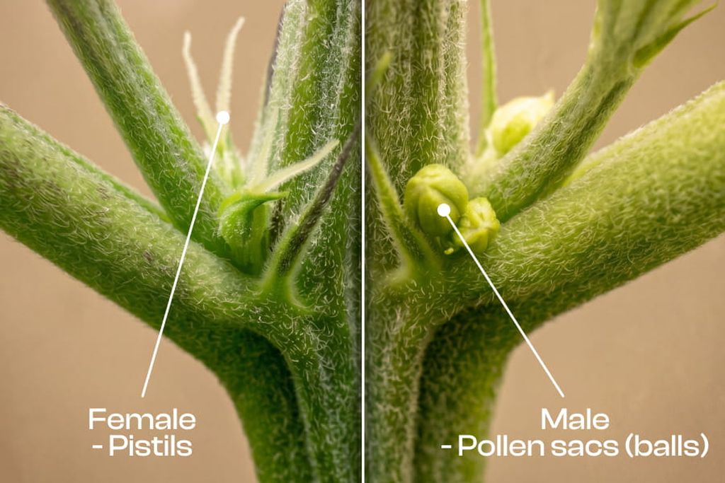Image showing the early signs of female and male cannabis plants, with tiny white hairs on the female and small pollen sacs forming on the male. Side-by-side image showing the early signs of female and male cannabis plants, with tiny white hairs on the female and small pollen sacs forming on the male.