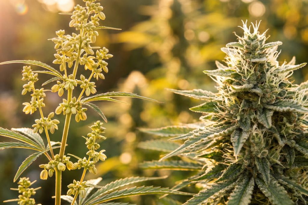 An image showing two cannabis plants side by side - one tall and slender with fewer leaves, showing how male weed plants often look, and the other fuller and bushier for comparison.