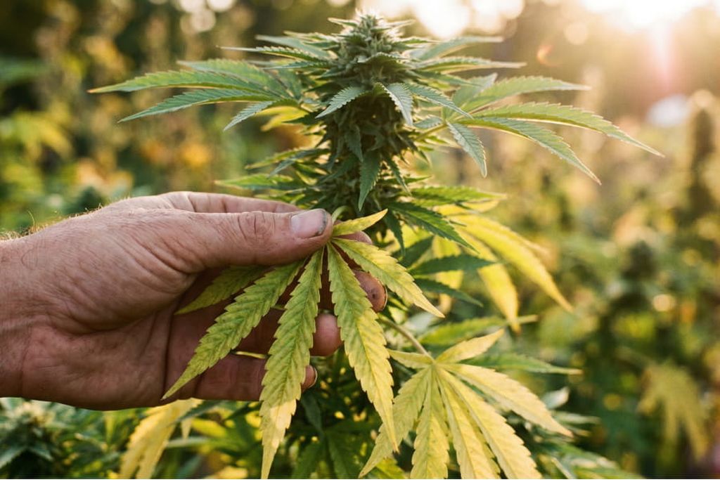 Cannabis plant with pale yellow lower fan leaves from nitrogen deficiency