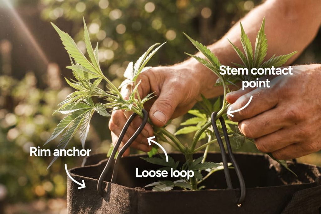 Bending the main stem disrupts apical dominance and allows the side branches to grow up into the canopy, creating multiple tops at the same height. Autoflower cannabis plant with main stem bent and tied to pot rim, with side branches growing upward toward the light source.