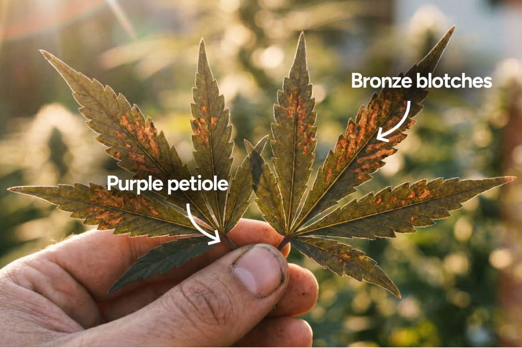 Cannabis leaves showing phosphorus deficiency, with dark dull colors, purple tones, and dry, stressed edges.