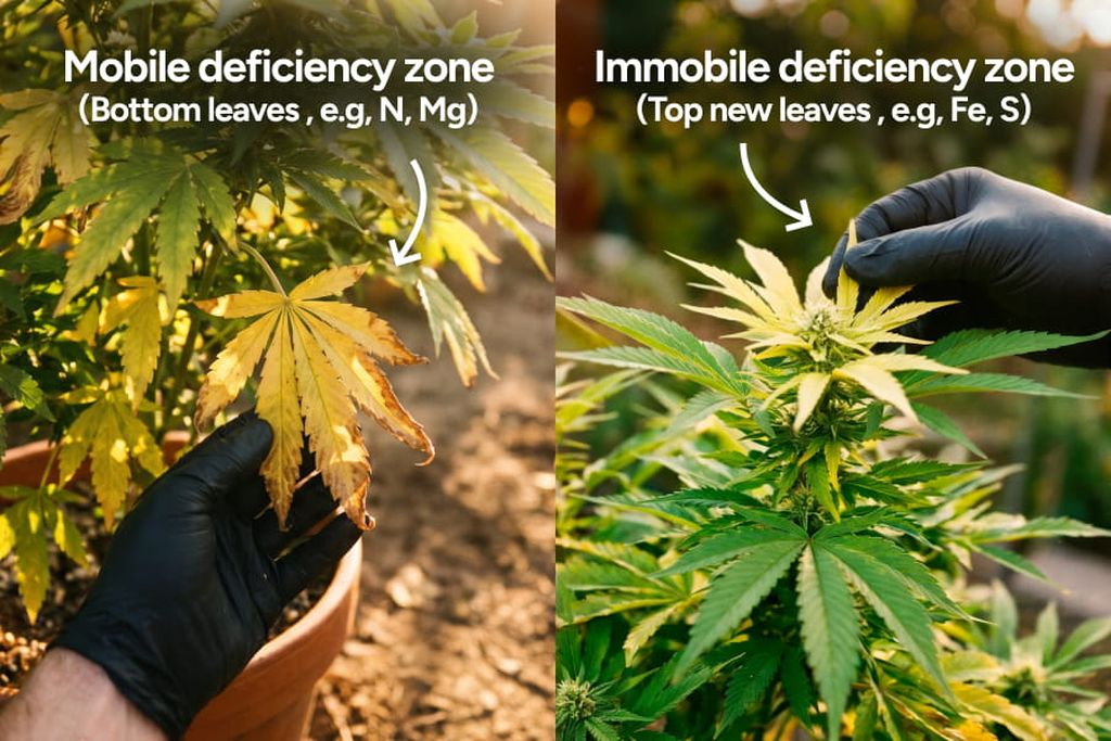 A side-by-side look at cannabis leaves showing burnt tips from nutrient burn and dry, yellowing edges from potassium deficiency.
