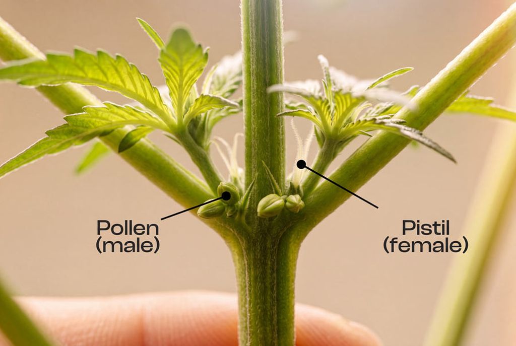 A true hermie grows both sexes on the same plant. White pistils mark female flowers; round sacs mark male pollen. A true hermie cannabis plant showing both female pistils and male pollen sacs on the same branch.