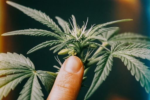 Cannabis plant with a finger pointing to the node junctions and lower shaded growth to check for hermie signs.