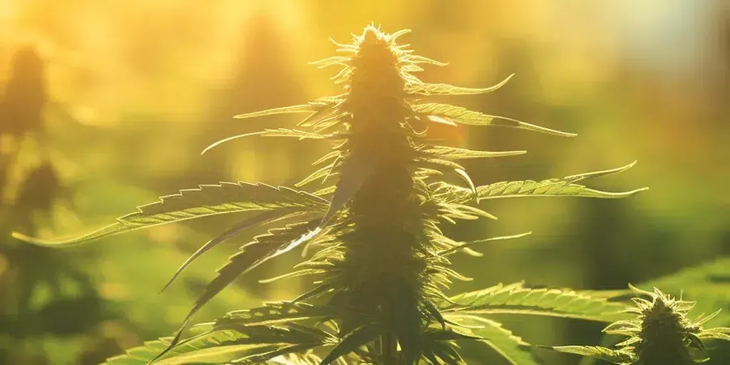 A cannabis plant in the flowering stage, showing buds developing and pistils beginning to darken. A close-up of a cannabis plant in the flowering stage, with developing buds and visible pistils, indicating it is progressing towards full bloom.