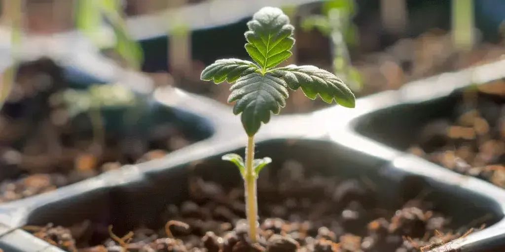 A cannabis seedling sprouting from the soil, its cotyledon leaves reaching toward the light. A newly sprouted cannabis seedling pushing through the soil, with the first set of leaves emerging.