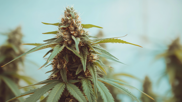 A cannabis plant in an outdoor setting, identified as autoflowering, with dense buds forming rapidly. The plant's fast growth cycle and outdoor adaptability are showcased.
