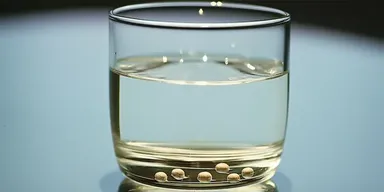 Cannabis seeds soaking in water, preparing for the germination process to begin. A glass of water with cannabis seeds floating, ready to begin germinating by soaking overnight for better sprouting.