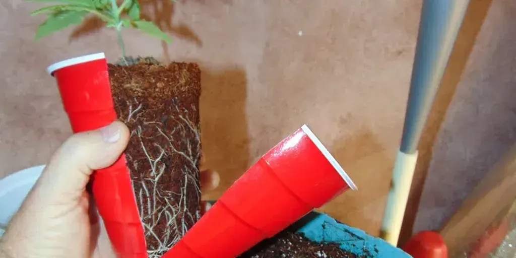 A cannabis plant in a soil block, with roots visibly sticking out, showcasing strong root growth and preparing for the next stage of its development.