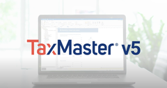 TaxMaster v5 logo in front of a laptop displaying the software