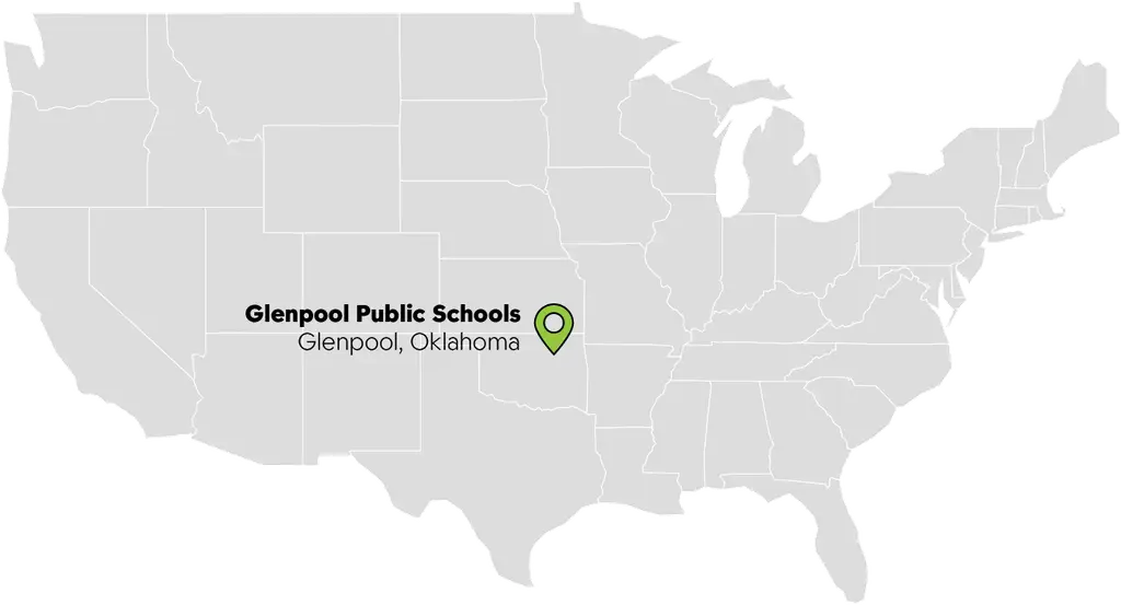 Map of the United States highlighting Glenpool Public Schools in Glenpool, Oklahoma.