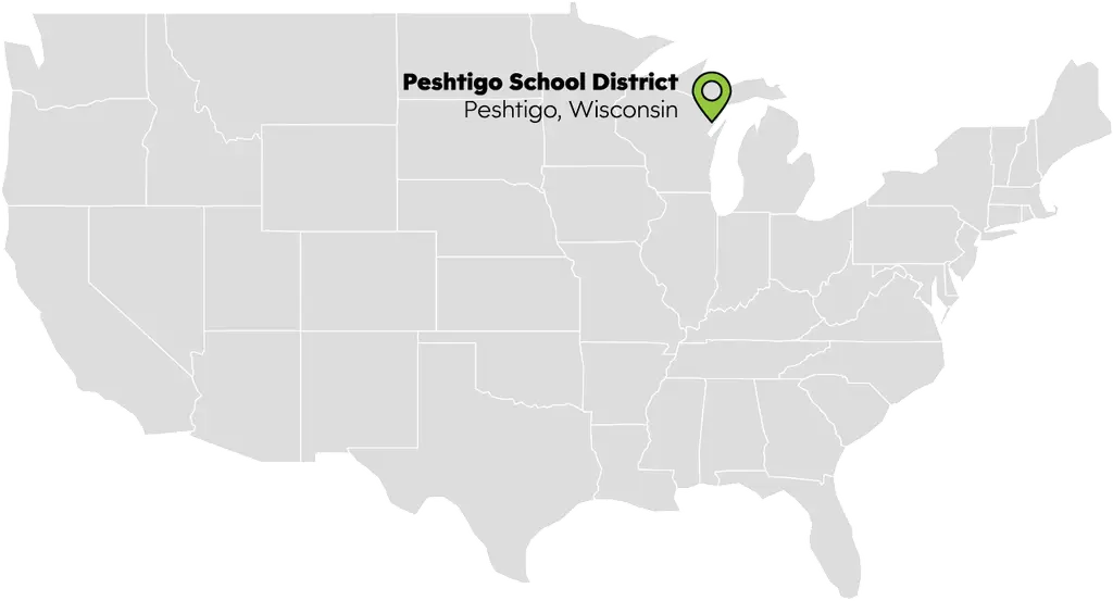 Map of United States showing where Peshtigo School District is located in Peshtigo, Wisconsin