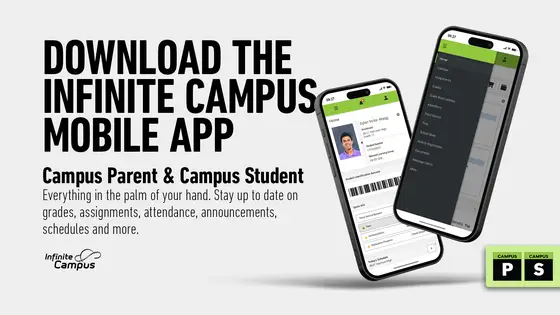 Promotional image for the Infinite Campus mobile app, featuring two smartphones displaying app interfaces and text encouraging downloads.