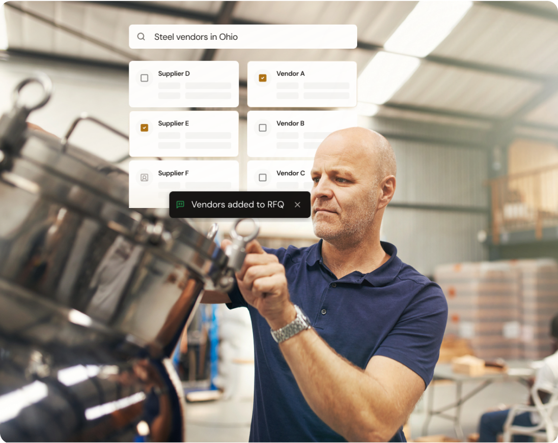 Man working on machinery in a warehouse. A digital overlay shows a search for steel vendors in Ohio with several supplier options.