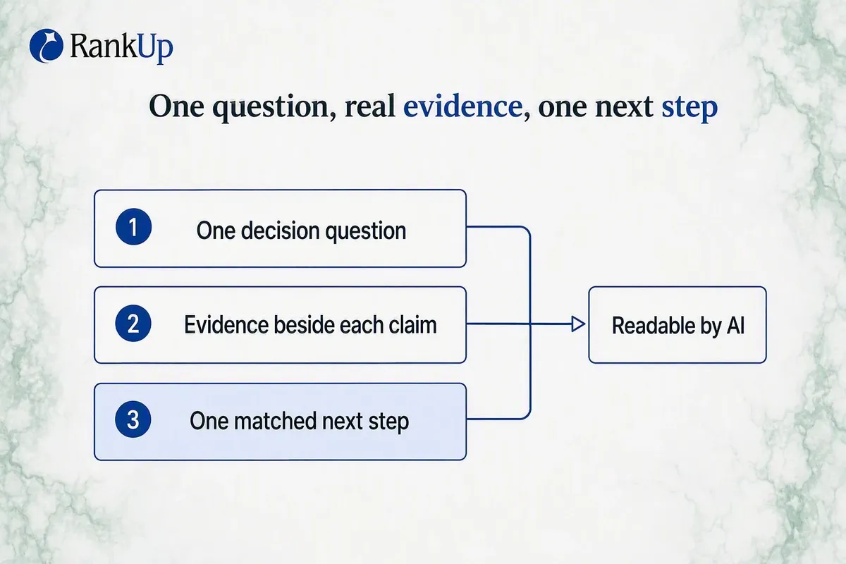 Anatomy of a BOFU page showing one decision question at the top, evidence beneath it, and a single next step matched to in...