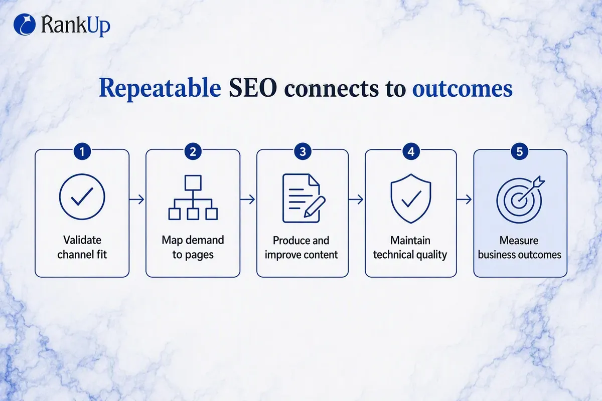Five-stage SaaS SEO system workflow diagram: validate channel fit, map demand to pages, create and improve content, mainta...