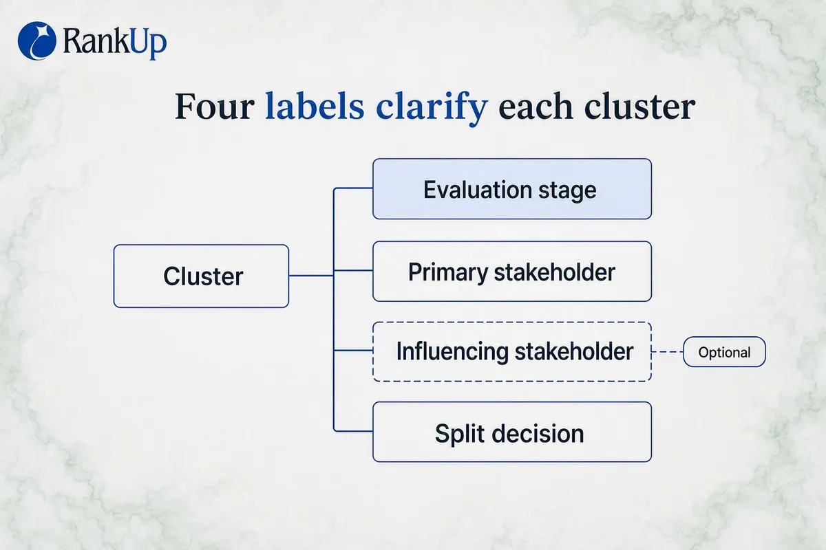 Diagram of the four labels applied to a keyword cluster: evaluation stage, primary stakeholder, optional influencing stake...