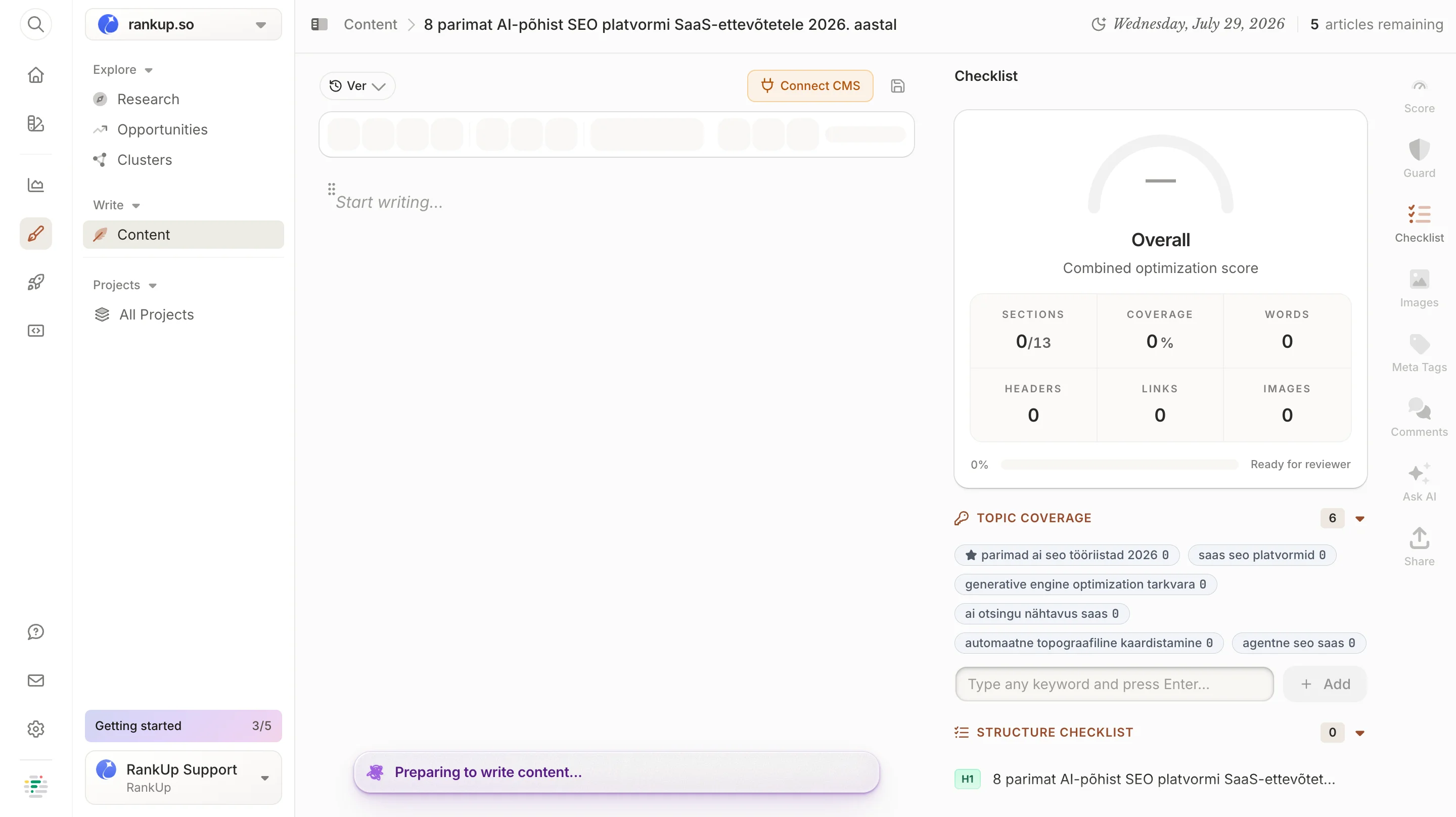 Frase content editor checklist panel headed Combined optimization score, listing sections 0 of 13, coverage 0%, words 0, headers 0, links 0, and images 0, with a 0% Ready for reviewer bar before drafting starts