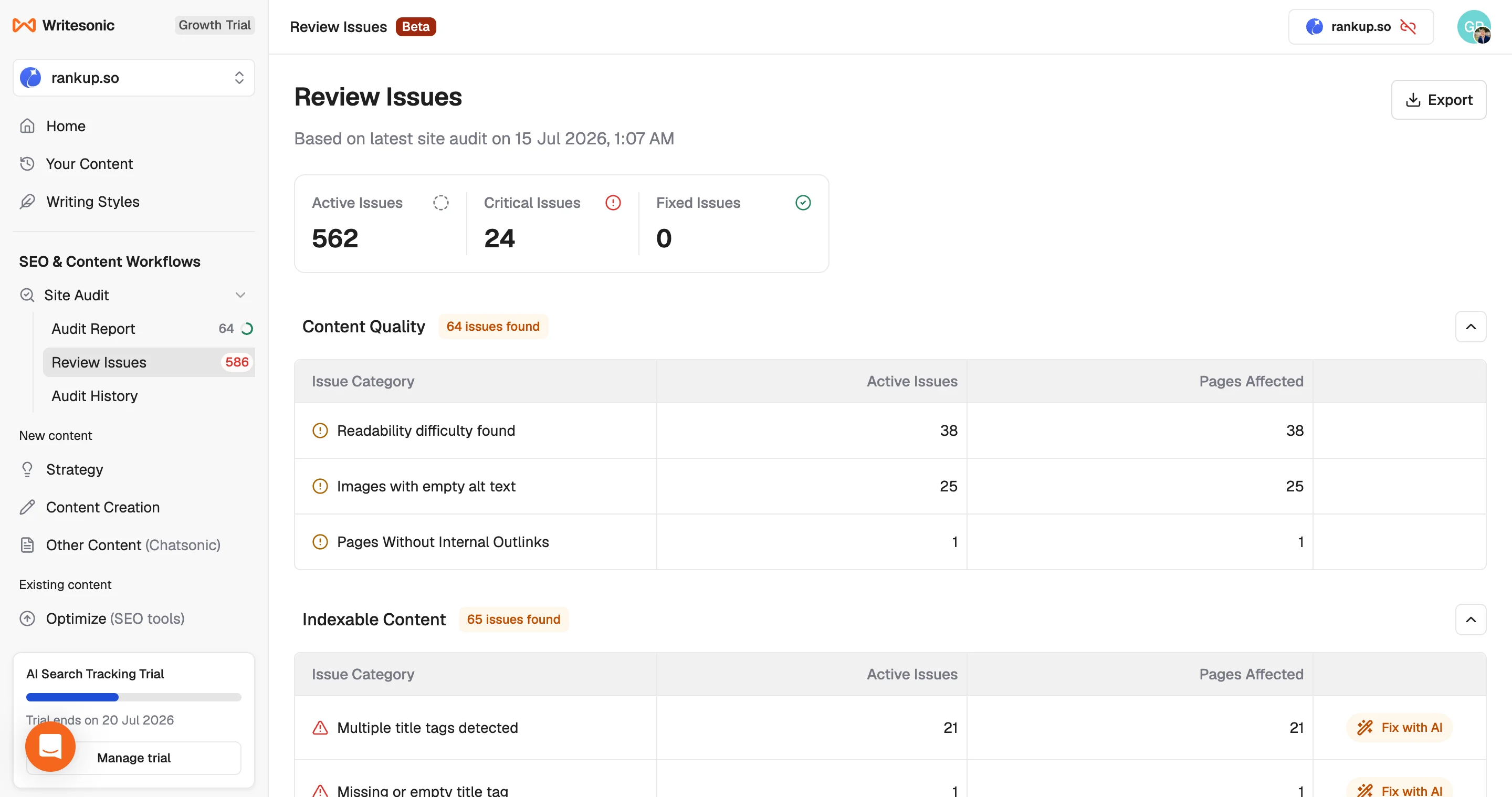 Writesonic Site Audit listing content and indexability issues with Fix with AI actions