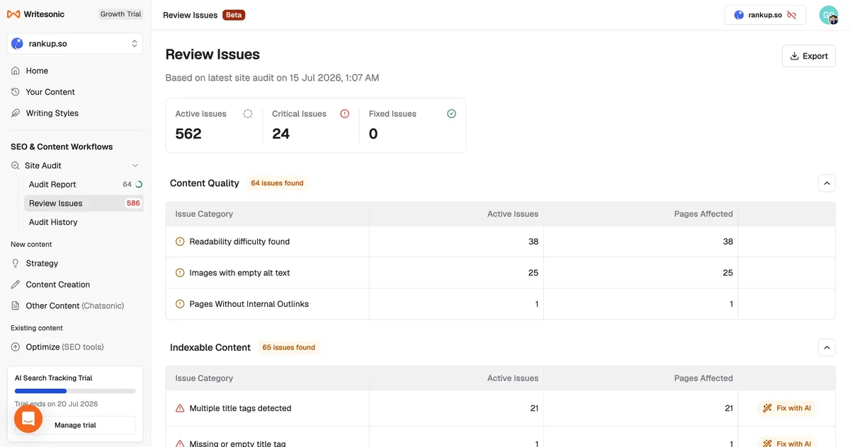 Writesonic Site Audit listing content and indexability issues with Fix with AI actions