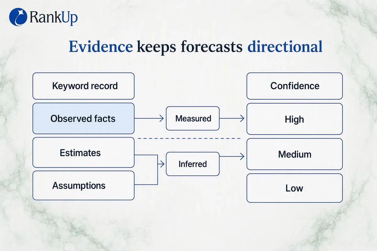 Diagram separating observed facts, estimates and assumptions in a keyword record, with a high, medium and low confidence l...