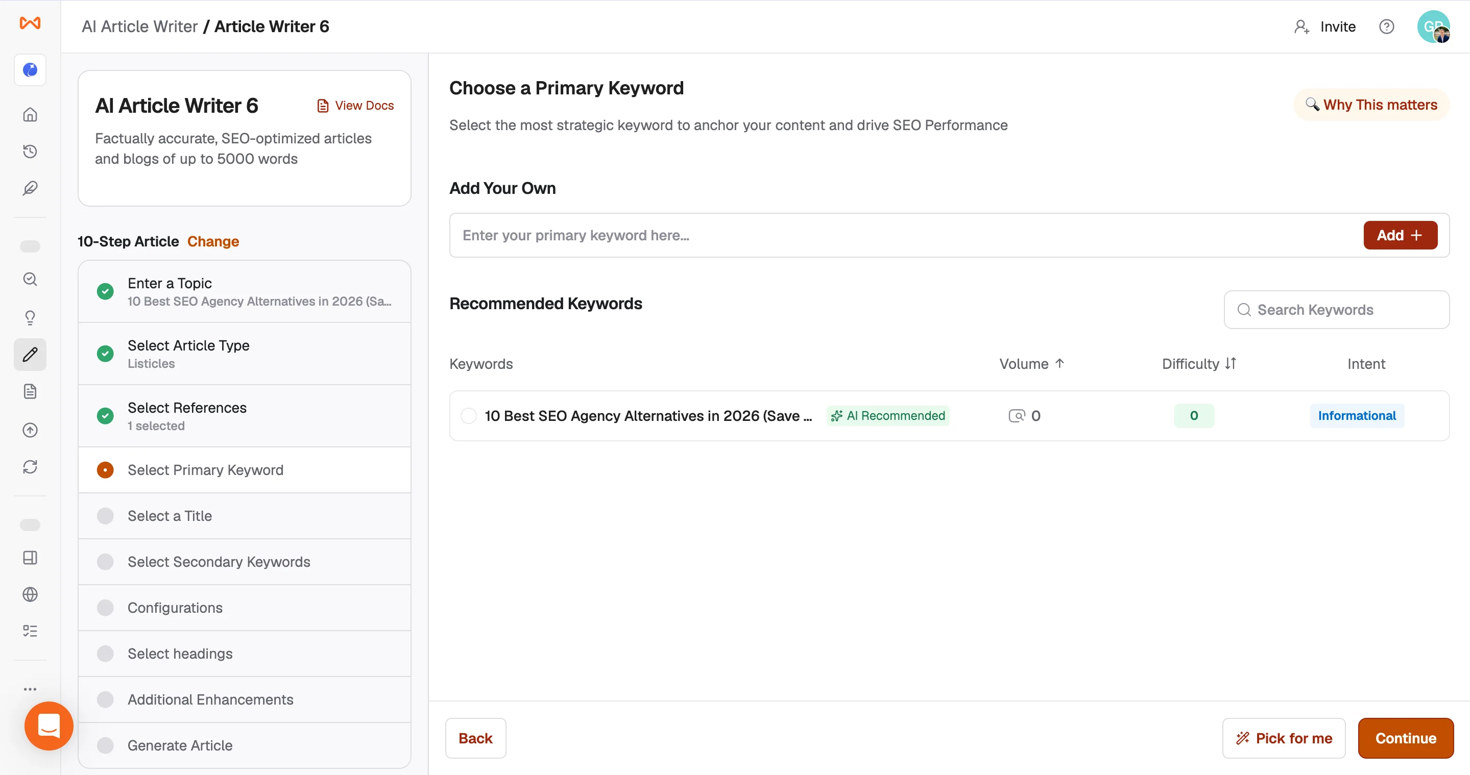 Writesonic primary keyword screen with volume, difficulty, and intent