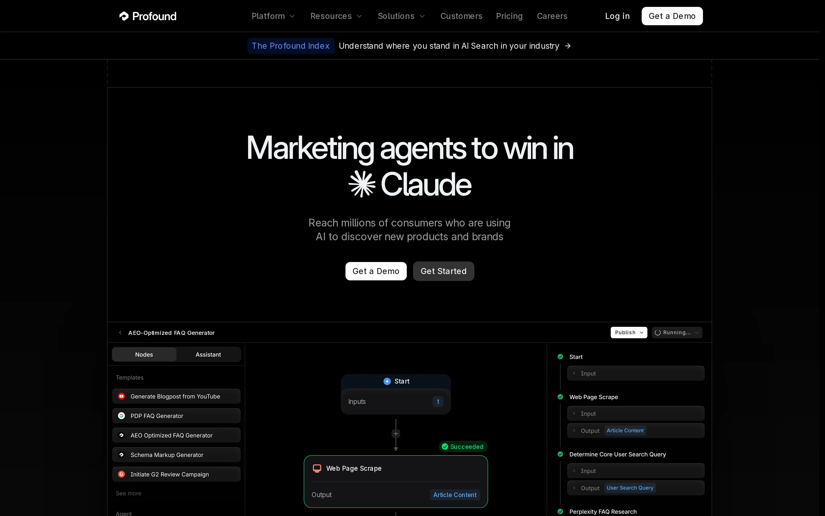 Profound homepage hero presenting its AI search visibility platform
